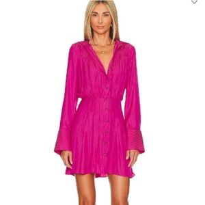 Free People everly hot pink pinStriped Button-Up shirtdress sz XS boho coquette